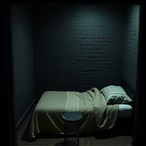 Fotografía de la celda de Nelson Mandela en Robben Island, con una manta en la cama y una mesa pequeña.