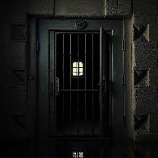 Fotografía de la entrada de una celda antigua con una puerta de hierro y un pequeño agujero para observar el interior.