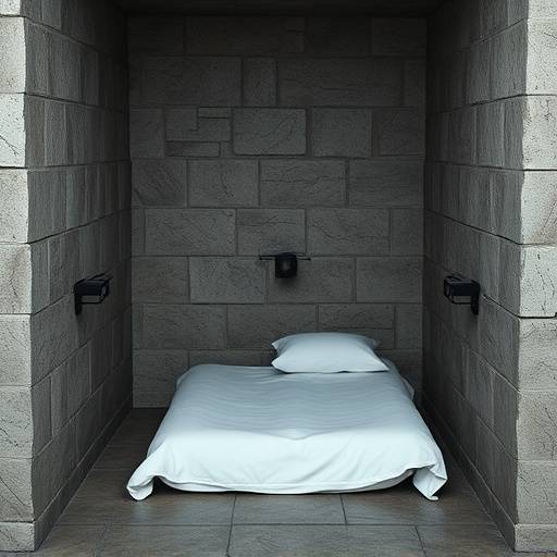 Fotografía de una celda de aislamiento solitario con una cama simple y paredes de piedra.