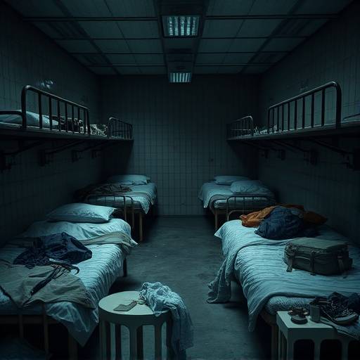 Fotografía de una celda de población general con varias camas y objetos personales de los prisioneros.