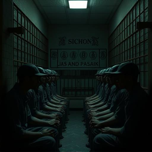 Fotografía de una celda en Hoa Lo Prison, Vietnam, mostrando maniquíes representando prisioneros.