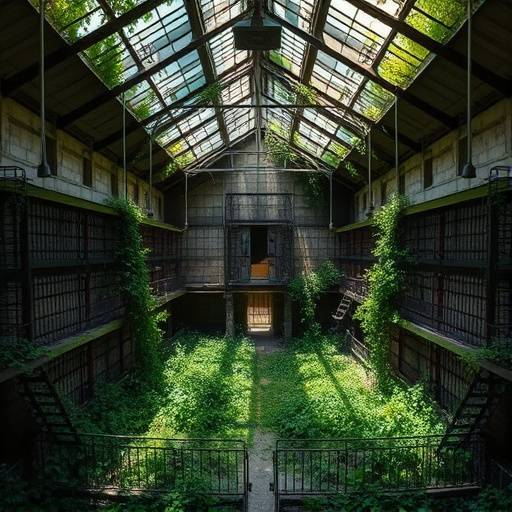 Fotografía de una celda en la Penitenciaría Estatal del Este, con el techo abierto y la vegetación creciendo en su interior.