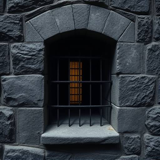 Fotografía de una celda en una torre medieval con una ventana enrejada y muros gruesos de piedra.