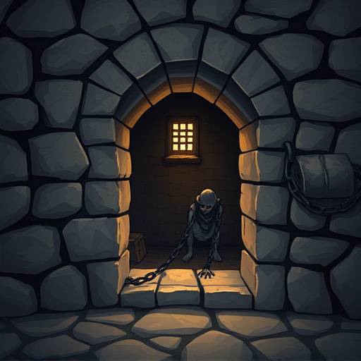 Ilustración de una celda medieval con muros de piedra, una pequeña ventana y un prisionero encadenado.